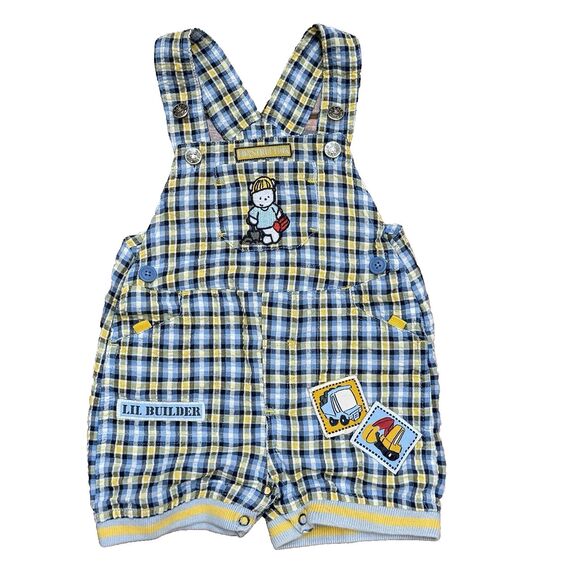 *Vintage Baby Boy Overalls 6-9M Blue Yellow Plaid Lil Builder Construction Theme - Picture 1 of 9
